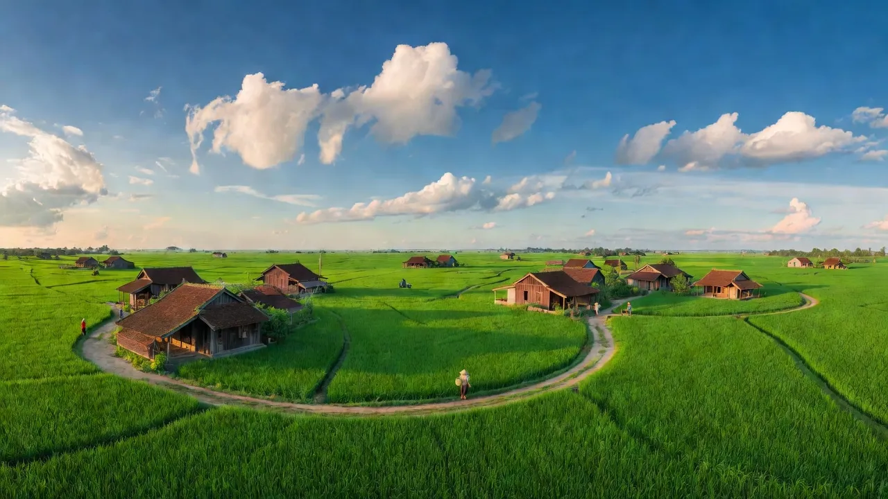 Cảnh đẹp xã Hoàng Diệu, huyện Chương Mỹ, với cánh đồng lúa xanh tươi và nhà truyền thống.
