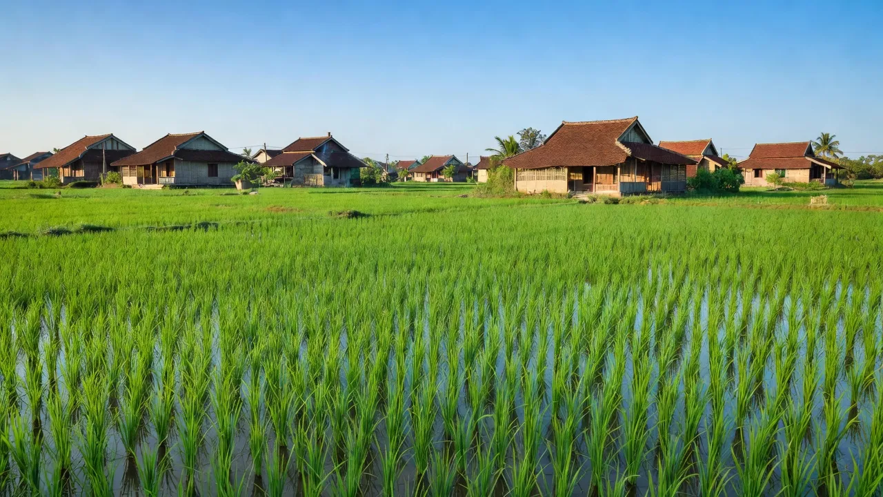 Cảnh quan nông thôn xã Hoàng Văn Thụ Chương Mỹ, đồng ruộng xanh tươi và nhà truyền thống.