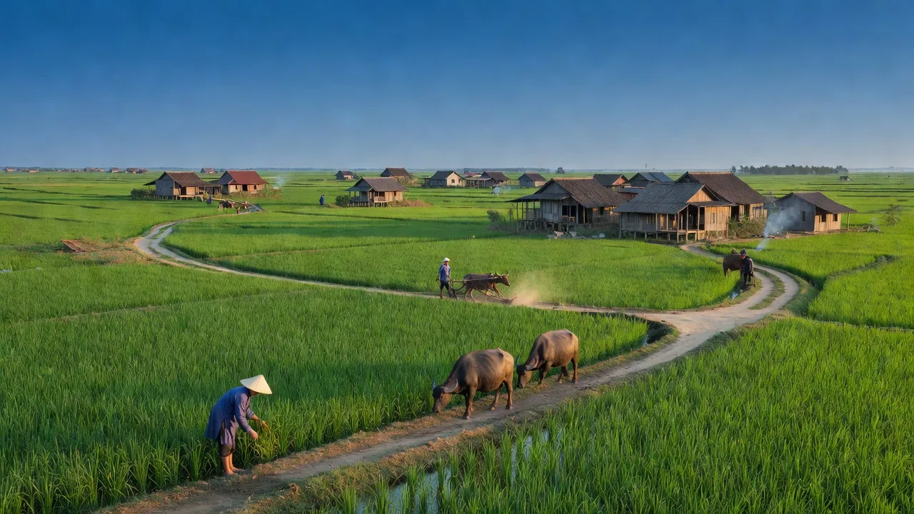 Quang cảnh bình yên xã Hoàng Văn Thụ, Chương Mỹ, Hà Nội với cánh đồng xanh và bầu trời trong xanh.