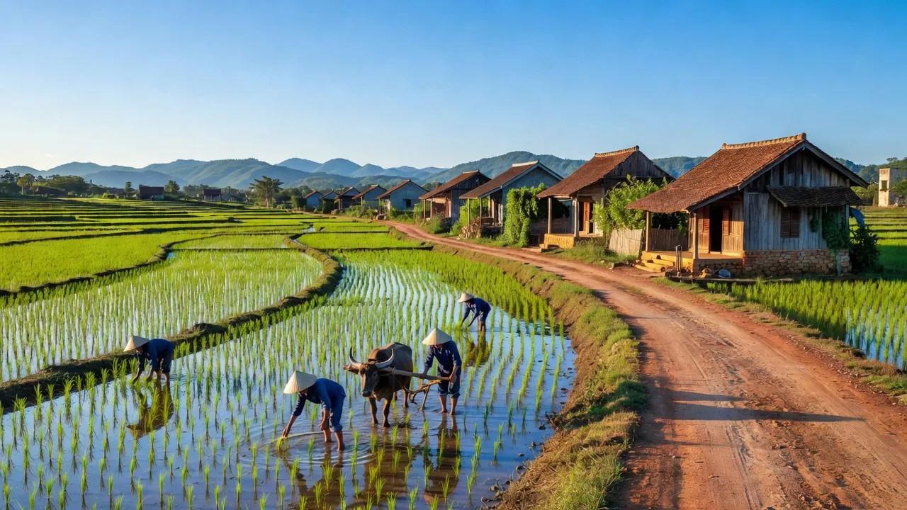 Phong cảnh xã Hồng Phú, huyện Chương Mỹ, Hà Nội với cánh đồng xanh và nhà truyền thống.