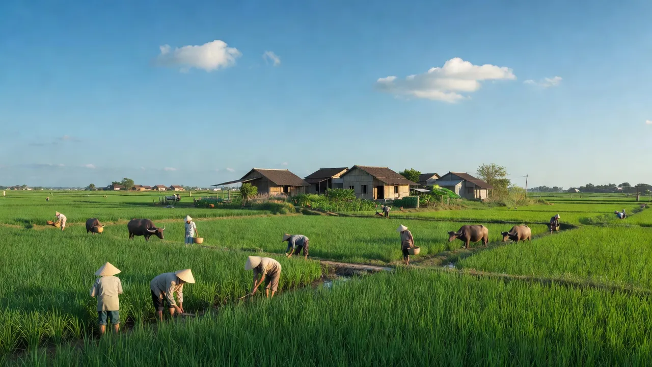 Cảnh đẹp nông thôn xã Hợp Đồng, Chương Mỹ, Hà Nội với cánh đồng xanh tươi, nhà cửa giản dị.