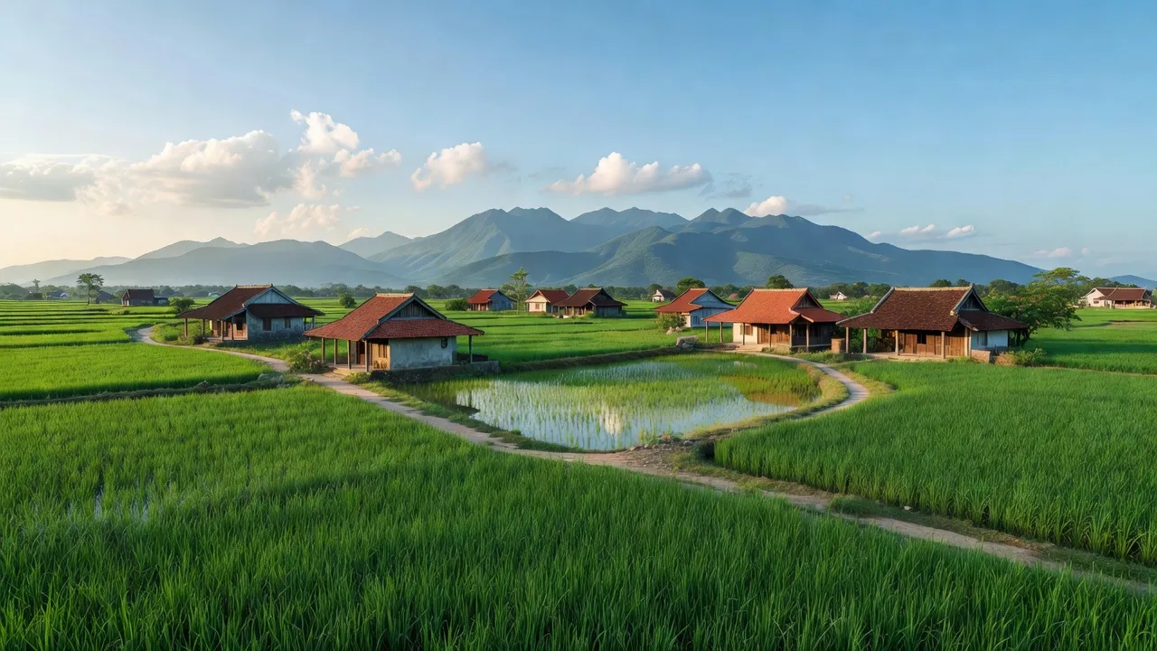 Cảnh đồng quê xã Hữu Văn, huyện Chương Mỹ, Hà Nội với ruộng lúa và nhà truyền thống.