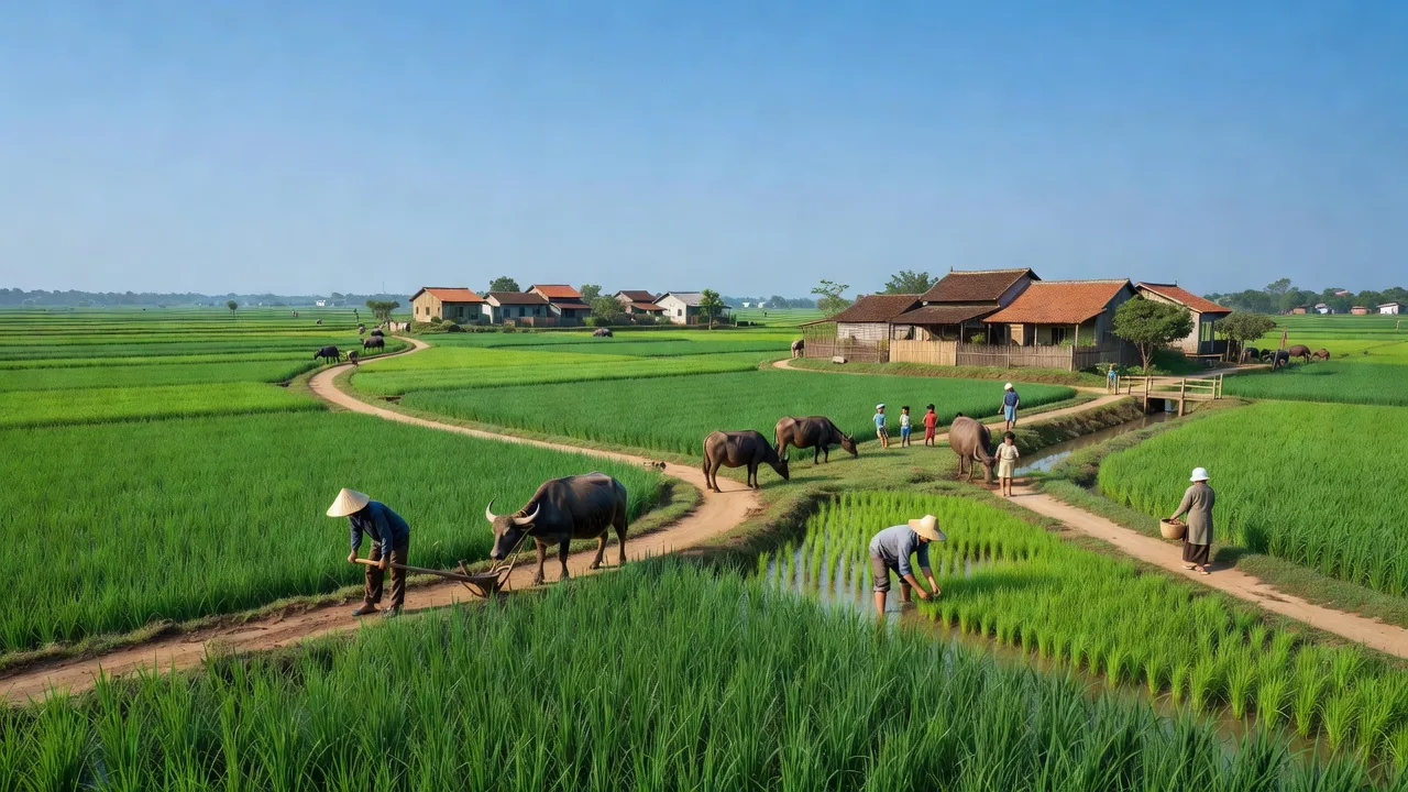 Khung cảnh xanh tươi tại xã Hữu Văn, huyện Chương Mỹ, gần Hà Nội, thể hiện nông nghiệp và cuộc sống làng quê.