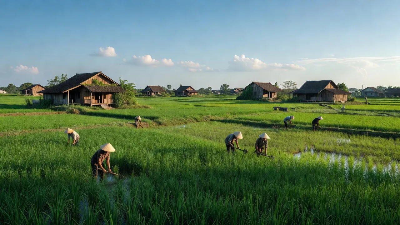Khung cảnh yên bình tại xã Lam Điền, huyện Chương Mỹ với đồng ruộng xanh tươi và nhà truyền thống.