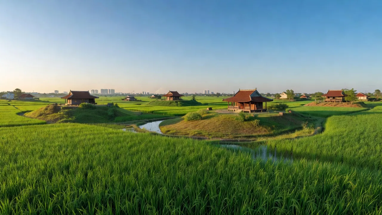 Cảnh đẹp xã Mỹ Lương, huyện Chương Mỹ, với đồng xanh và kiến trúc truyền thống Việt Nam.