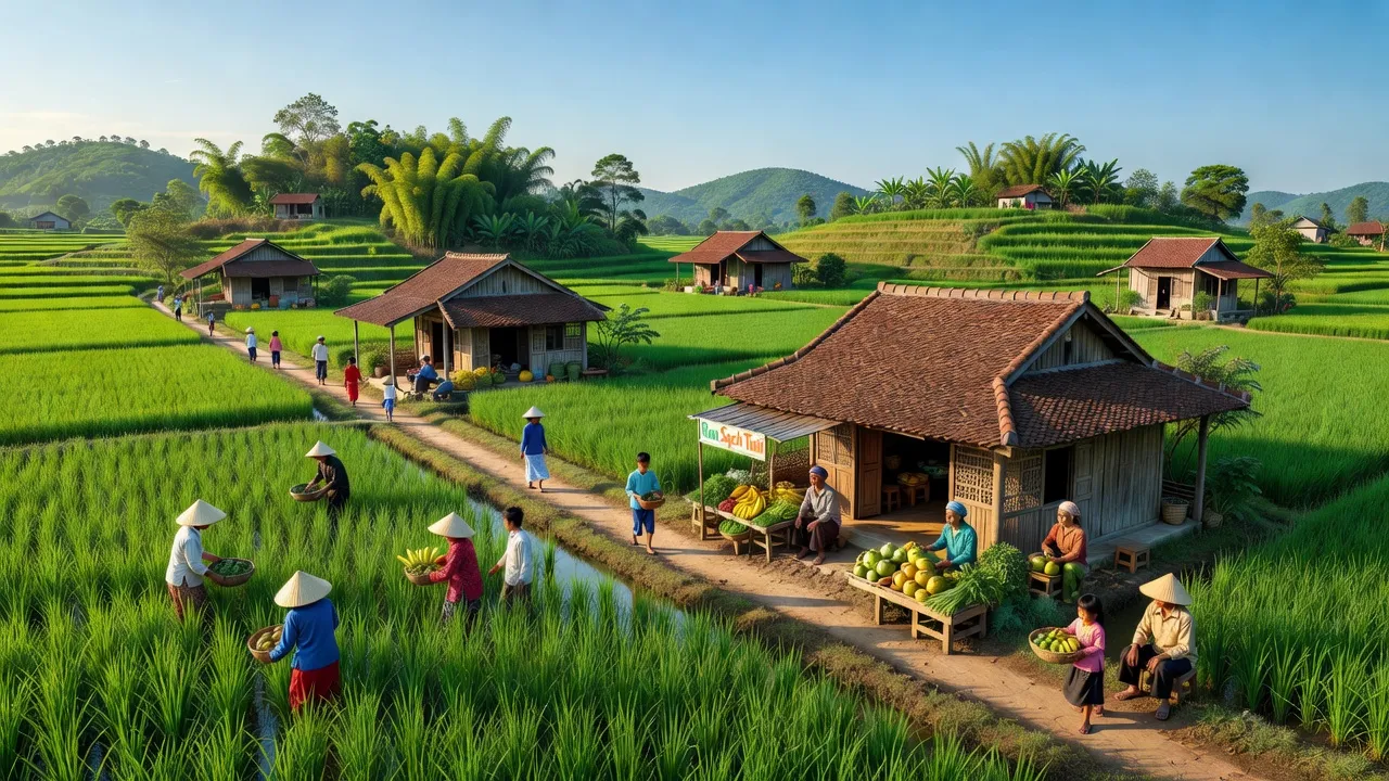 Xã Nam Phương Tiến, huyện Chương Mỹ, Hà Nội với cánh đồng xanh và nhà truyền thống.