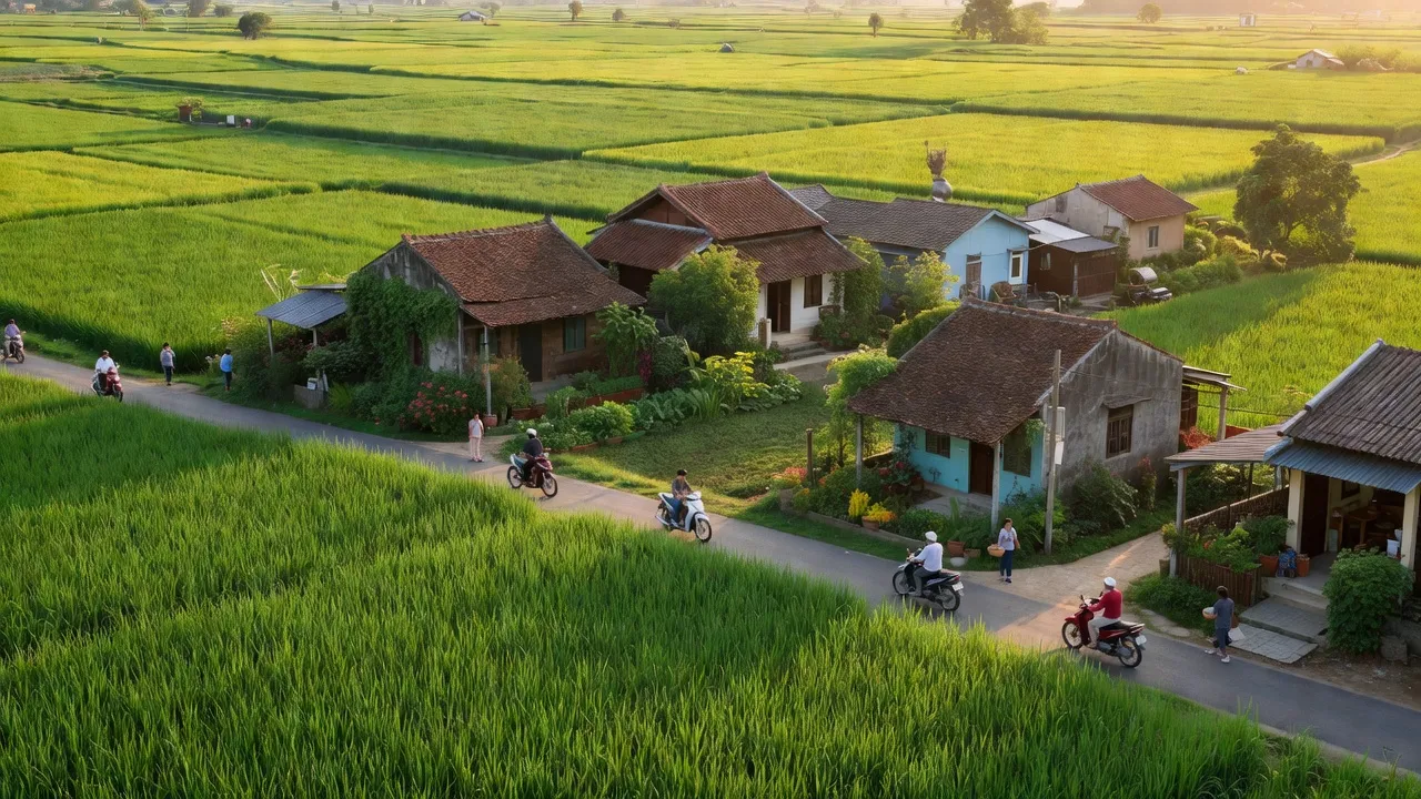 Cảnh đẹp xã Phú Nghĩa, huyện Chương Mỹ, Hà Nội với cánh đồng và đường phố nhộn nhịp.