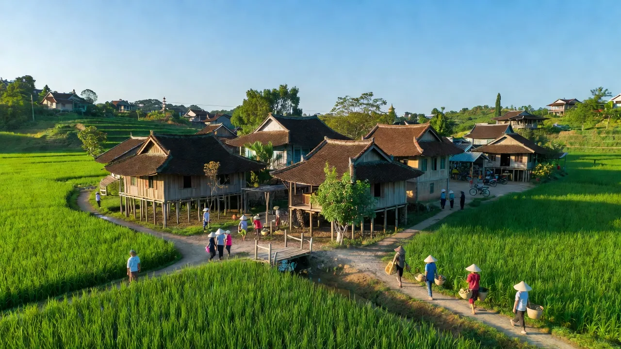 Cảnh quan Xã Phú Nghĩa, huyện Chương Mỹ, Hà Nội với phong cảnh xanh, kiến trúc truyền thống và cuộc sống địa phương.