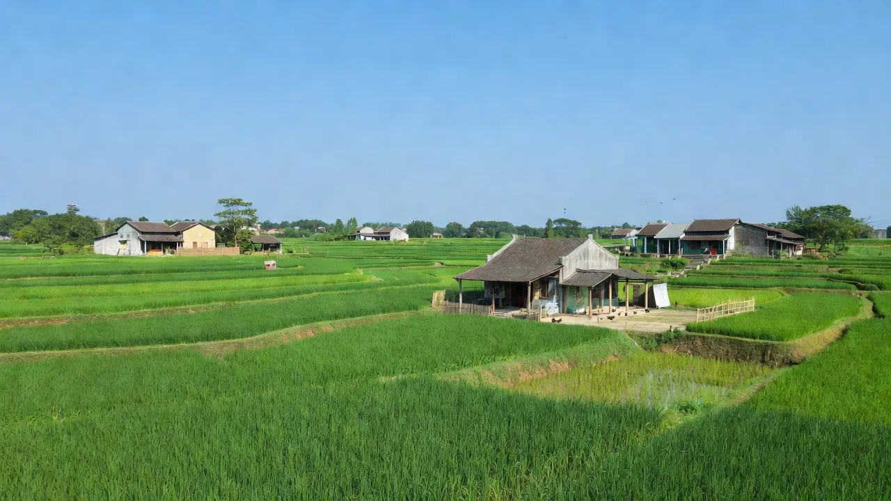 Khung cảnh làng Phụng Châu, huyện Chương Mỹ, Hà Nội, với đồng ruộng và nhà truyền thống.