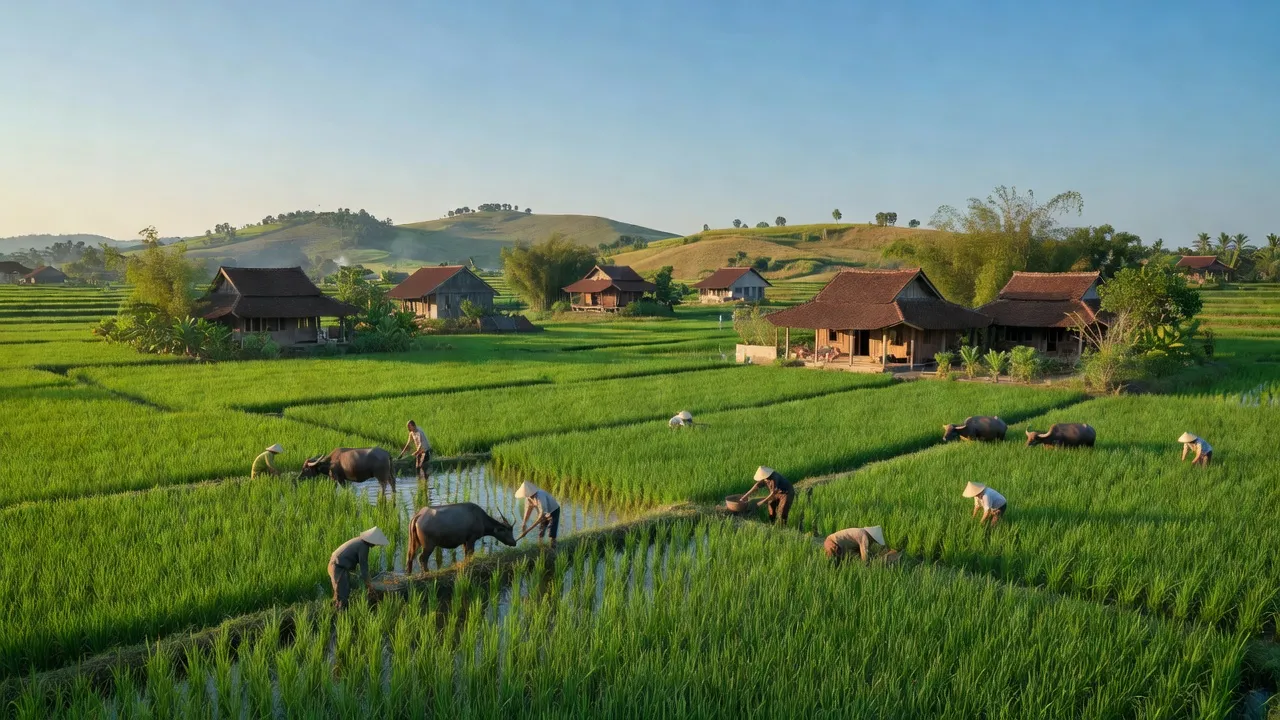 Quảng Bị, huyện Chương Mỹ, Hà Nội: cánh đồng xanh, nhà truyền thống, khung cảnh thanh bình.