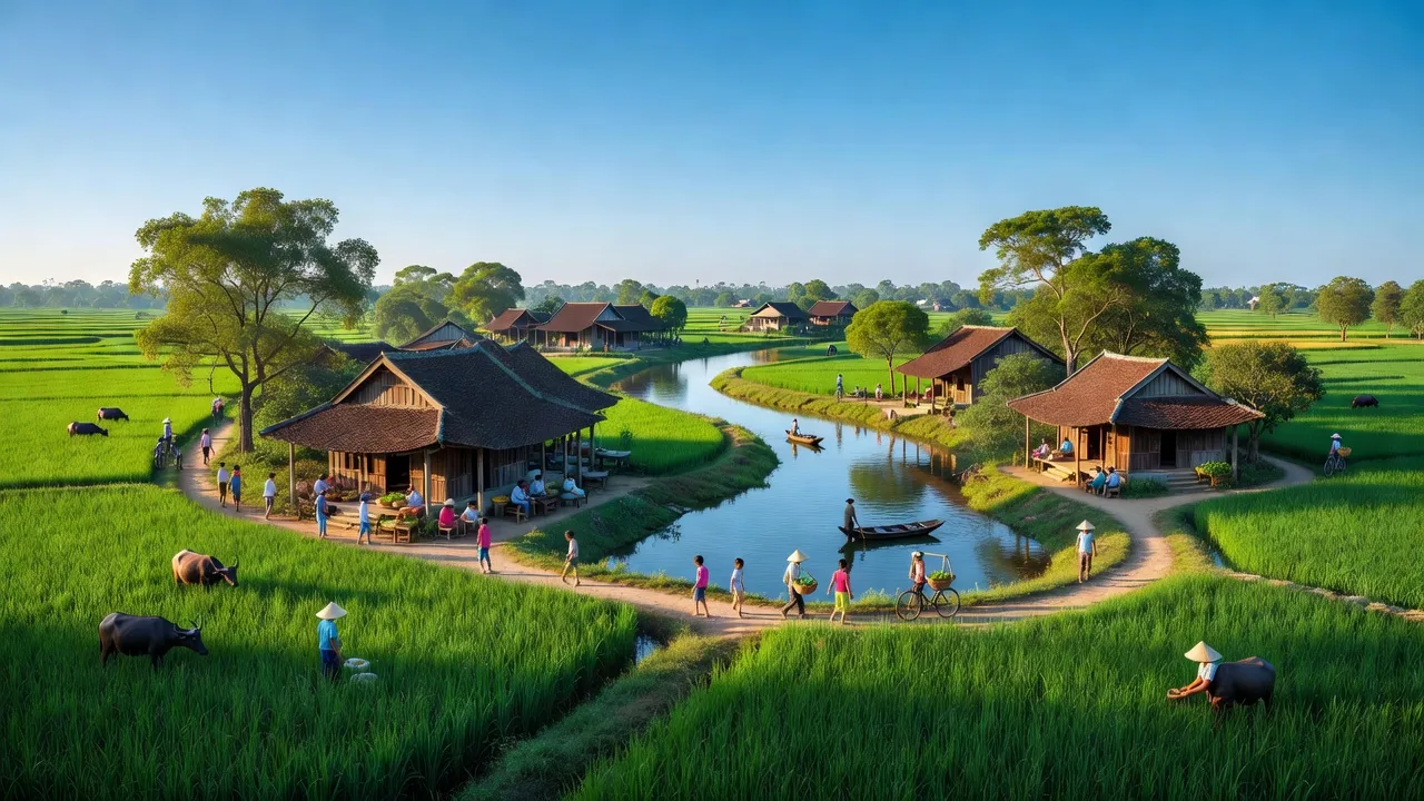 Quảng Bị village in Chương Mỹ, Hanoi, with green fields and traditional houses under blue sky.
