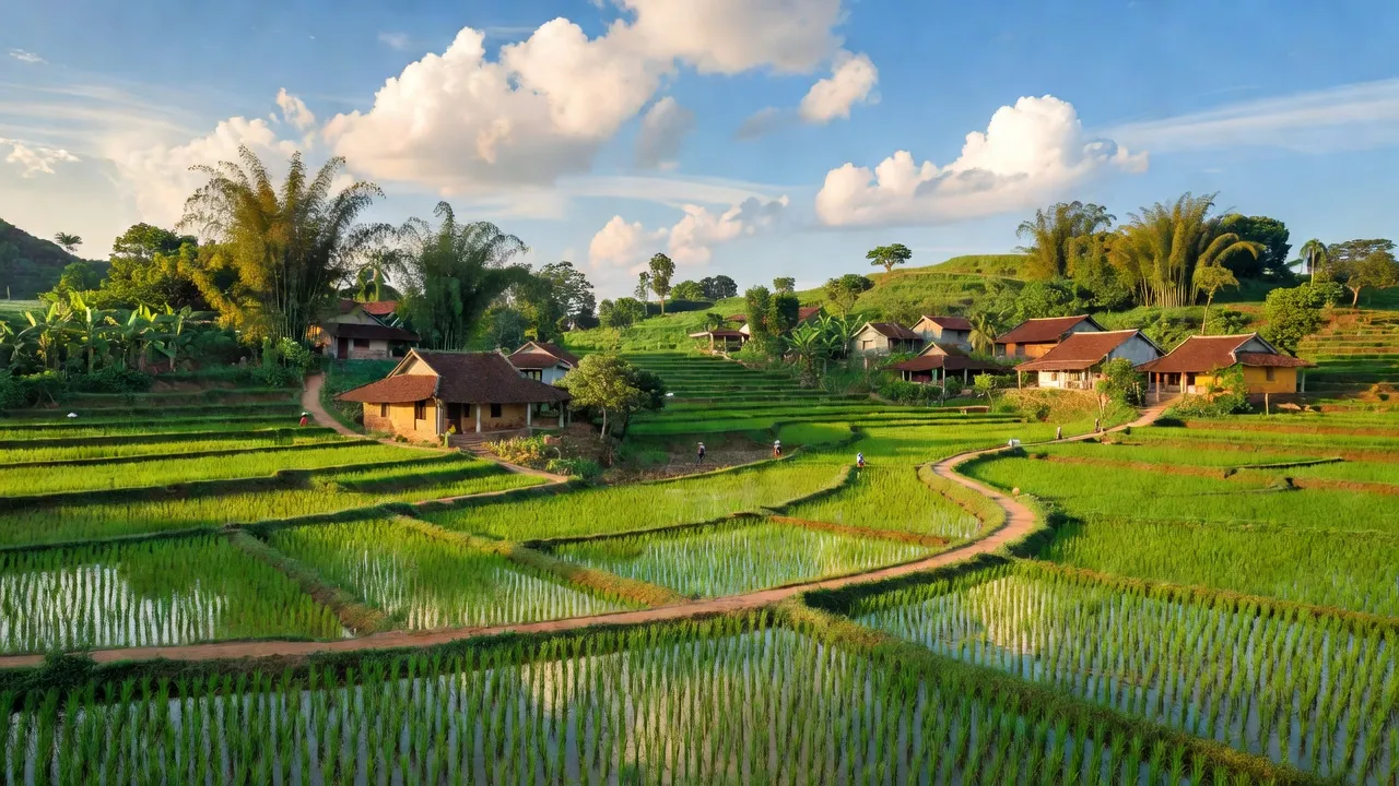 Cảnh đẹp xã Tân Tiến, huyện Chương Mỹ, với đồng xanh và nhà truyền thống Việt Nam.