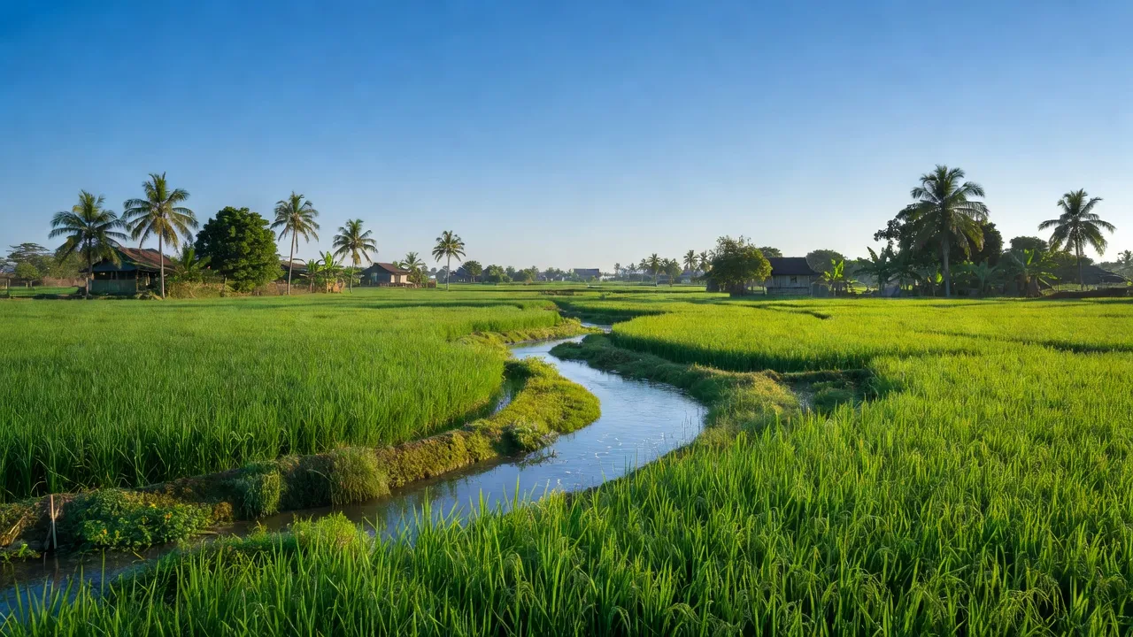 Khung cảnh nông thôn xã Thanh Bình, huyện Chương Mỹ, Hà Nội, cánh đồng xanh và dòng sông nhỏ.