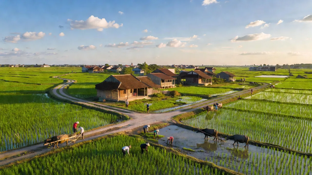 Khung cảnh xã Thanh Bình, huyện Chương Mỹ với đồng lúa xanh và nhà truyền thống, gần Hà Nội.