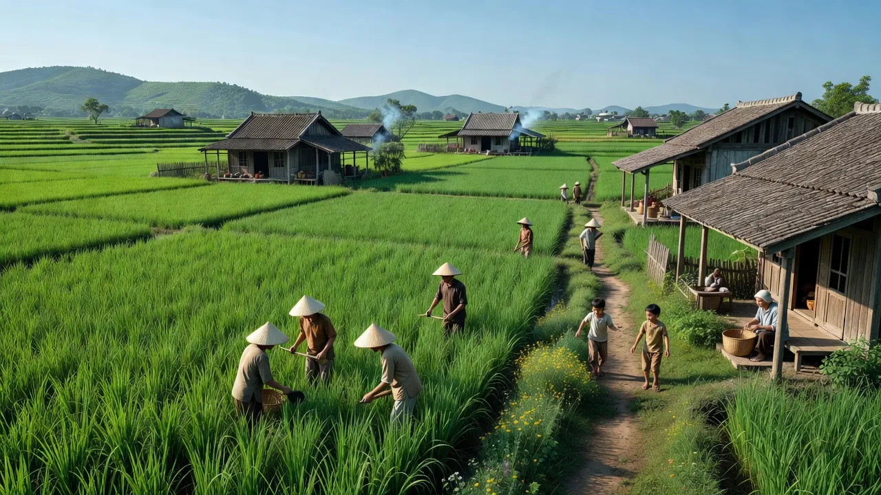 Cảnh đẹp xã Thượng Vực, huyện Chương Mỹ, Hà Nội với đồng xanh và nhà truyền thống.