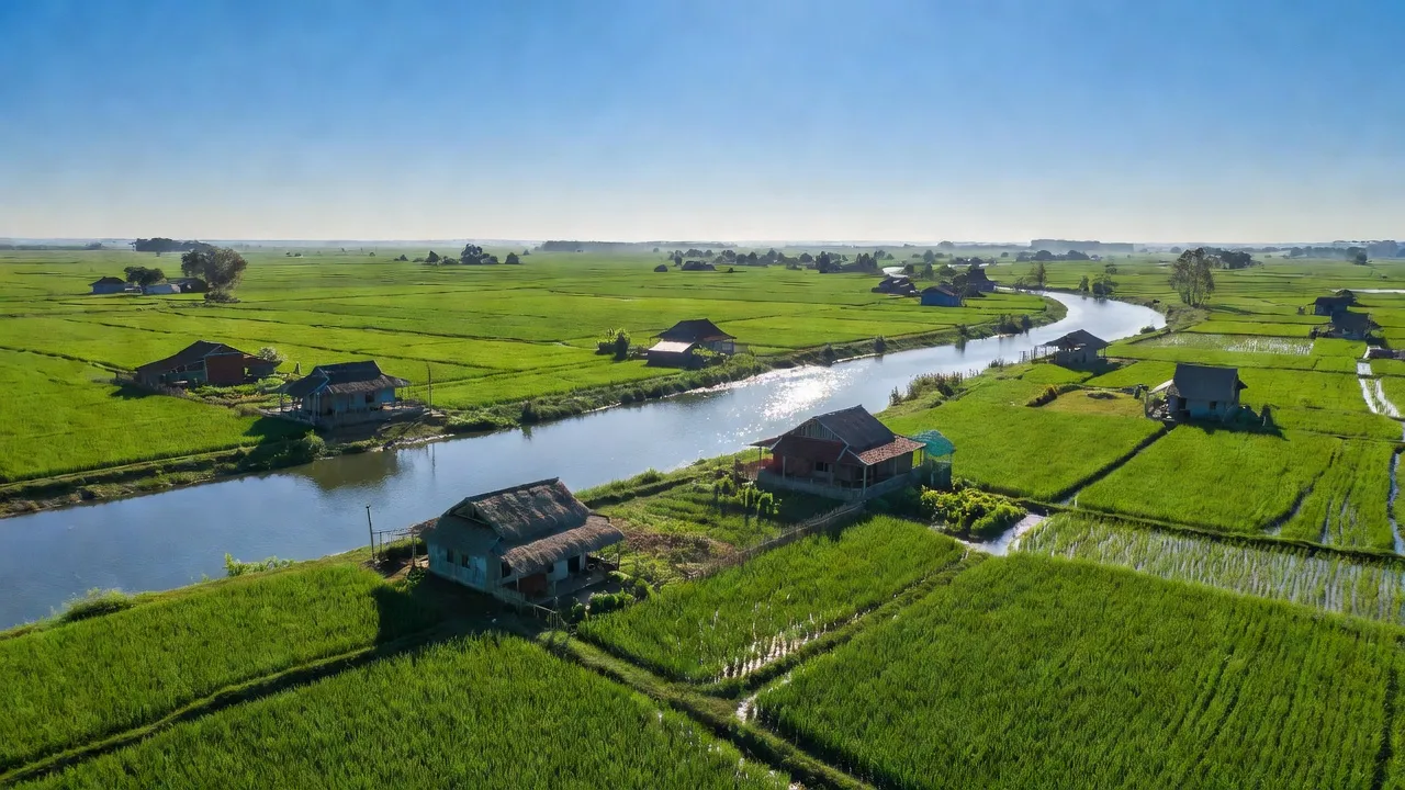 Cảnh đẹp Xã Thụy Hương, huyện Chương Mỹ, Hà Nội với ruộng lúa xanh tươi và sông Đáy.