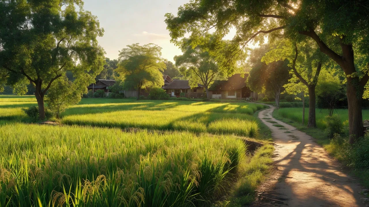 Cánh đồng lúa Xã Thụy Hương, huyện Chương Mỹ, Hà Nội, với cảnh sắc thiên nhiên tươi đẹp, cây cối và đường làng.