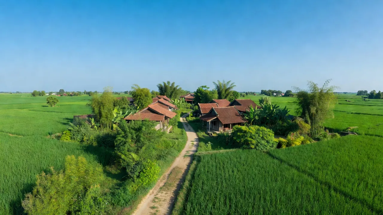 Cảnh đẹp xã Thủy Xuân Tiên, Chương Mỹ, Hà Nội với đồng ruộng và nhà truyền thống Việt Nam.