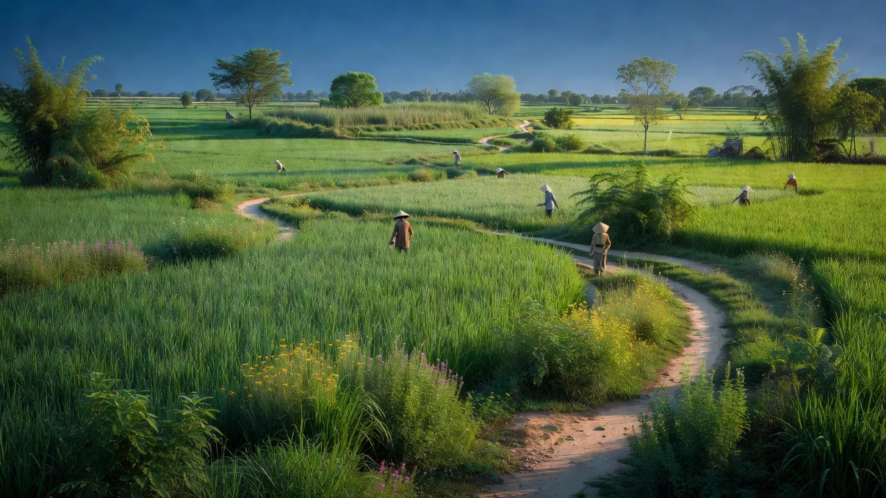 Cảnh đồng quê Thủy Xuân Tiên, Chương Mỹ, Hà Nội, với cánh đồng xanh tươi và nông thôn yên bình.