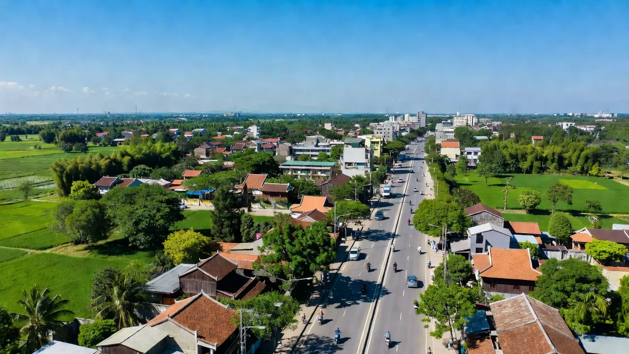 Khung cảnh thị trấn Xuân Mai, huyện Chương Mỹ, với cây xanh và đường phố nhộn nhịp.