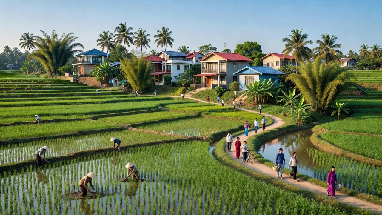 Khung cảnh nông thôn huyện Đan Phượng, Hà Nội với cánh đồng và nhà cửa hiện đại.
