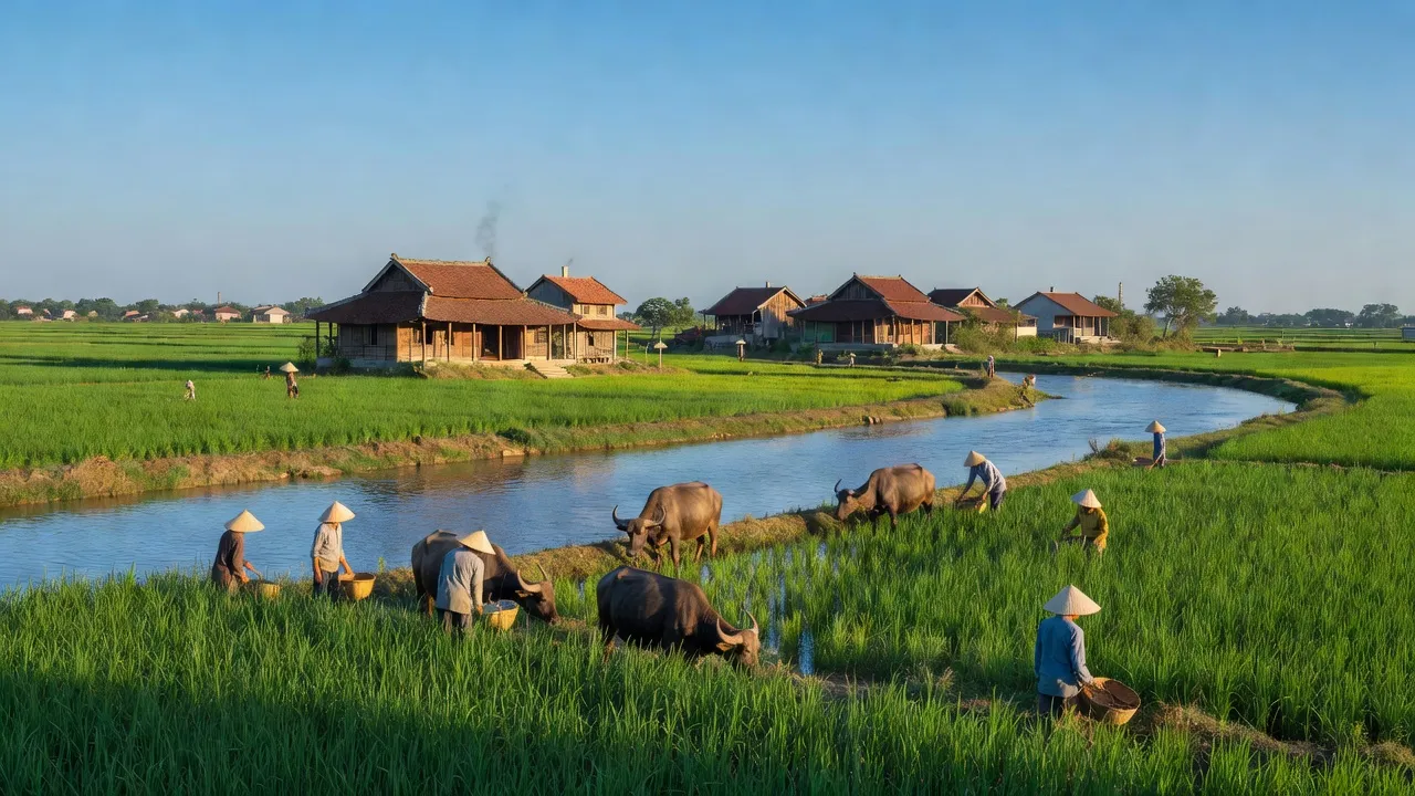 Khung cảnh xã Hồng Hà, huyện Đan Phượng, cạnh sông Hồng, với nhà truyền thống và trời xanh.