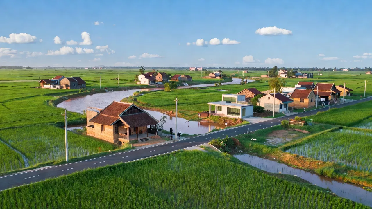 Khung cảnh xã Liên Hồng, huyện Đan Phượng, Hà Nội với cánh đồng xanh và sông Hồng gần đó.