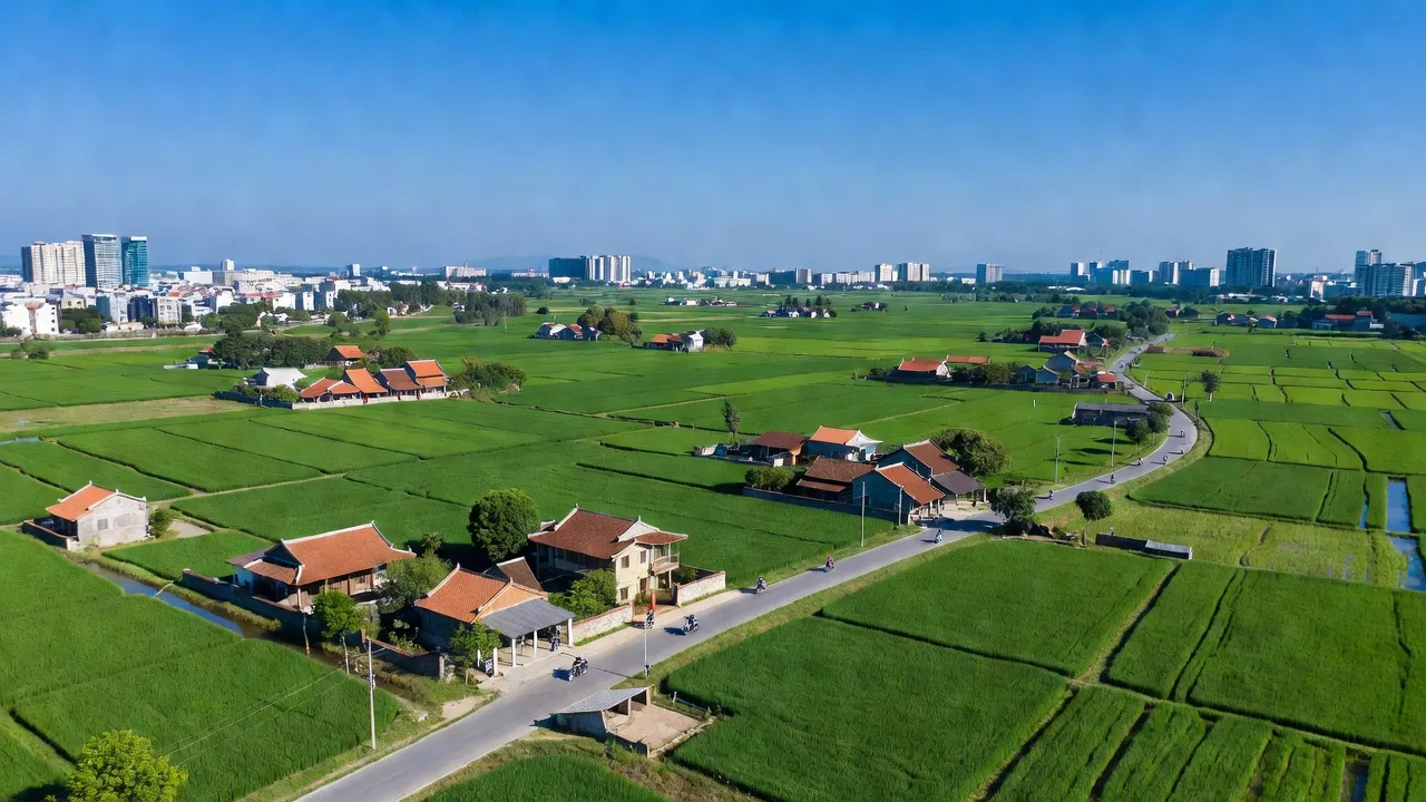 Cảnh sắc xã Liên Trung, huyện Đan Phượng, Hà Nội với đồng xanh và nhà truyền thống.