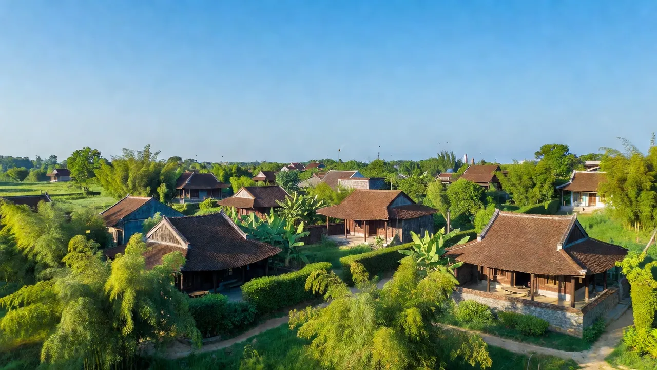 Thị trấn Phùng, Đan Phượng, Hà Nội với cảnh sắc thiên nhiên tươi đẹp, nhà truyền thống và bầu trời xanh.