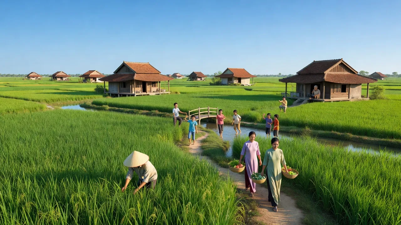 Thị trấn Phùng, huyện Đan Phượng có cảnh quan xanh tươi và nhà truyền thống Việt Nam.