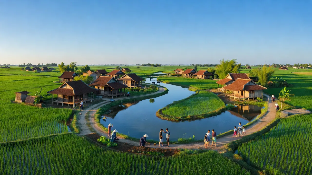 Cảnh đẹp xã Phương Đình, huyện Đan Phượng, Hà Nội với đồng xanh và nhà truyền thống.
