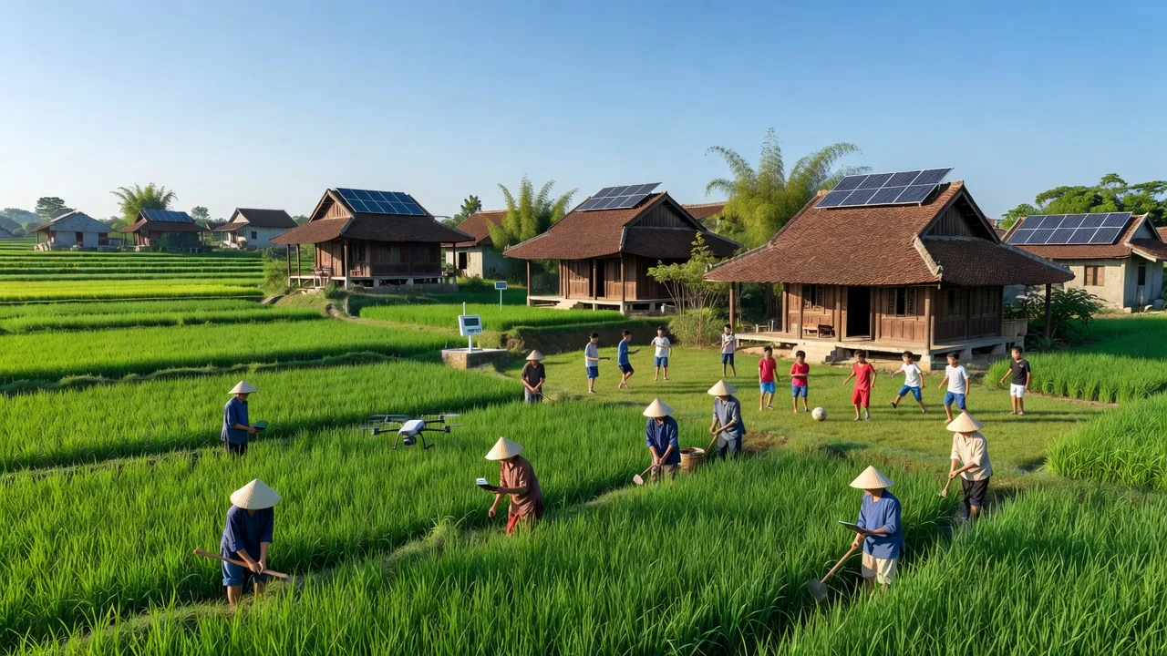 Khung cảnh yên bình xã Song Phượng, huyện Đan Phượng, Hà Nội với cánh đồng xanh và nhà truyền thống.