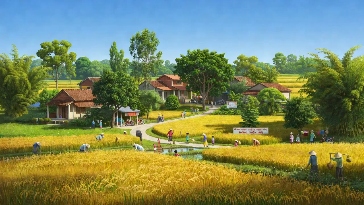 Phong cảnh xã Song Phượng, huyện Đan Phượng, Hà Nội với cánh đồng lúa và thôn xóm yên bình.