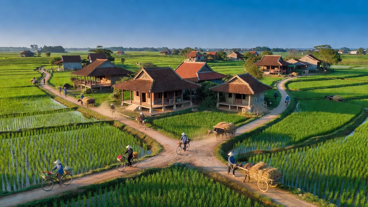 Cảnh quan xã Tân Hội, huyện Đan Phượng với cánh đồng xanh mướt và nhà truyền thống Việt Nam.