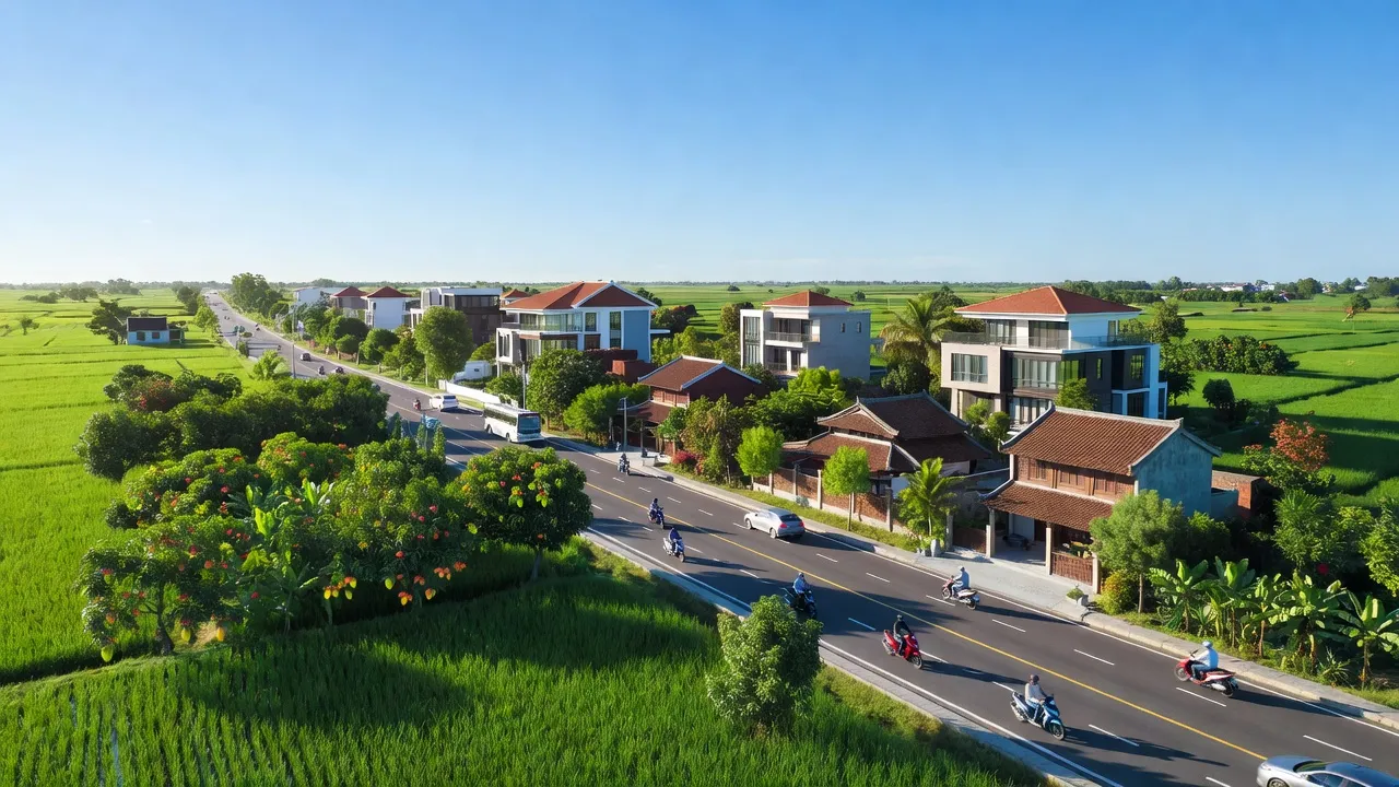 Cảnh đẹp xã Tân Lập, huyện Đan Phượng, Hà Nội, cánh đồng, nhà cửa hiện đại, Quốc lộ 32.