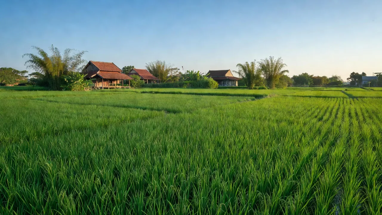 Cảnh đẹp xã Thọ An, huyện Đan Phượng với ruộng xanh và nhà truyền thống Việt Nam.