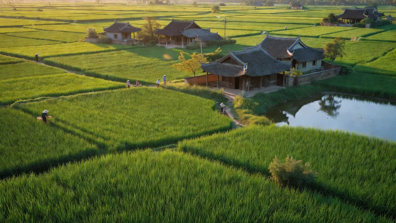 Cảnh đồng xanh tại xã Thọ An, huyện Đan Phượng, Hà Nội, thể hiện nông thôn Việt Nam.