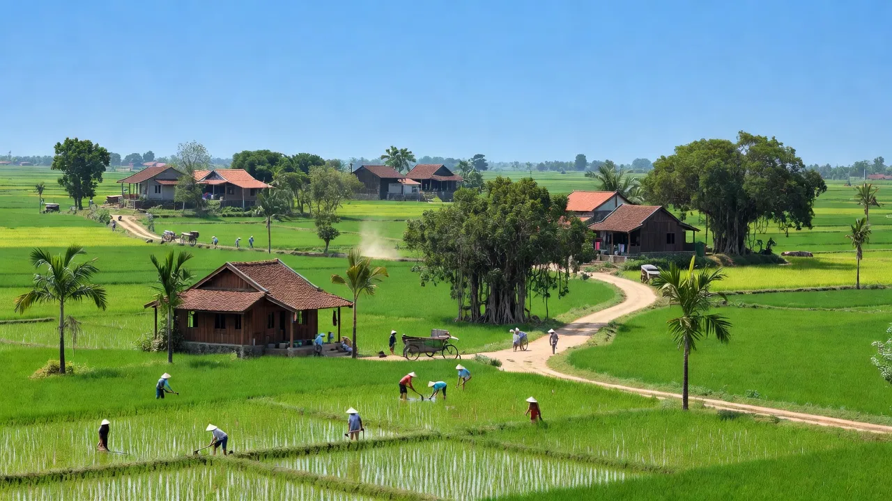 Cảnh đẹp xã Thọ Xuân, huyện Đan Phượng, Hà Nội với cánh đồng xanh và nhà truyền thống.