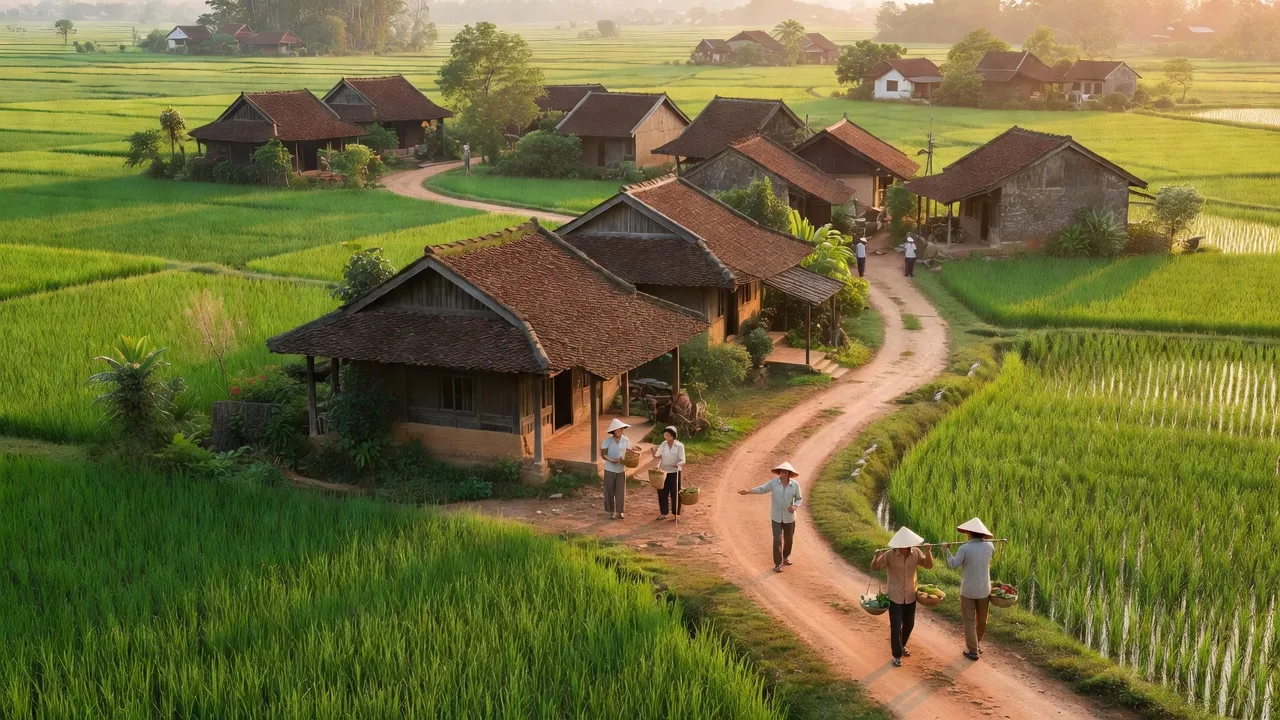 Khung cảnh thanh bình của xã Thọ Xuân, huyện Đan Phượng, Hà Nội với cây cối và nhà truyền thống.
