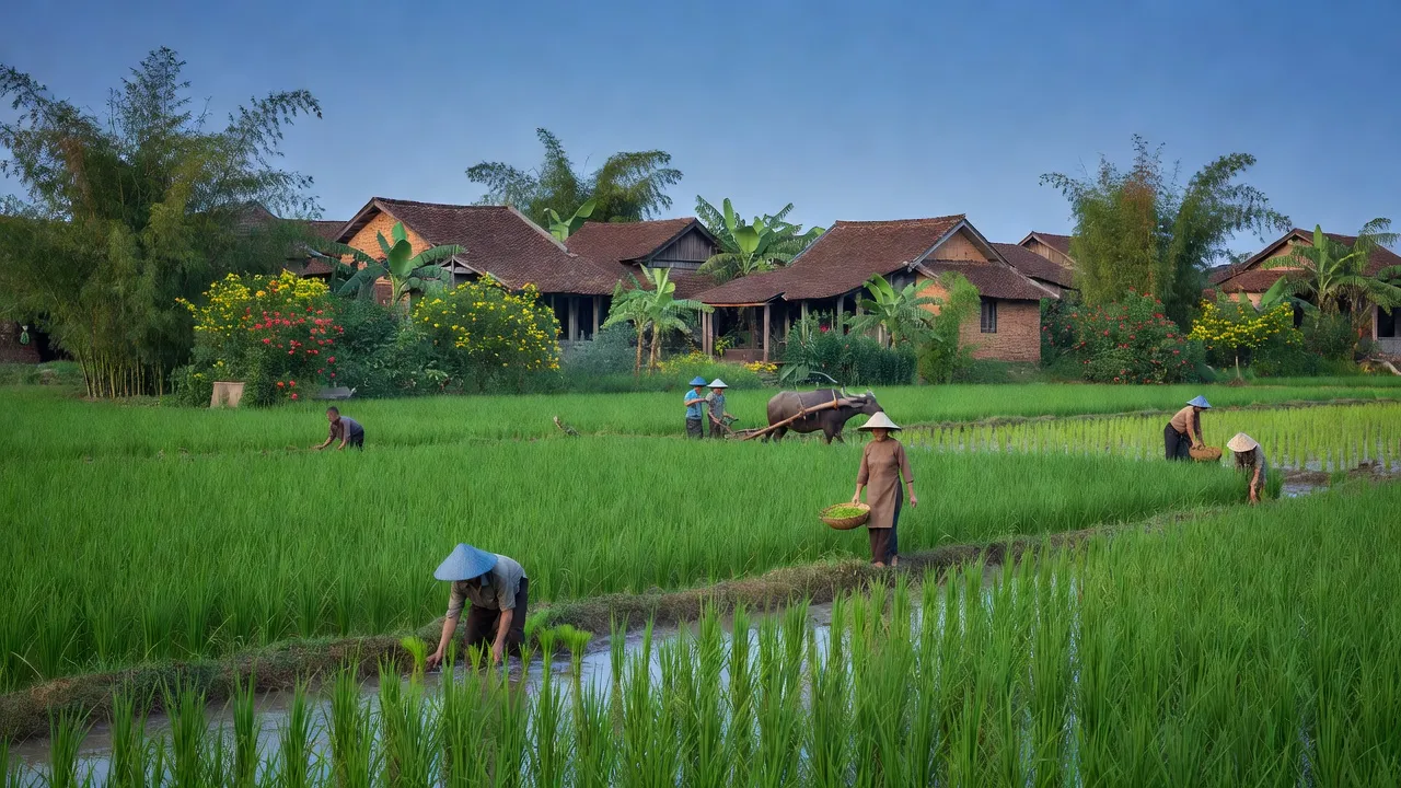 Cảnh đẹp xã Thượng Mỗ, huyện Đan Phượng, Hà Nội với cánh đồng xanh và nhà truyền thống.