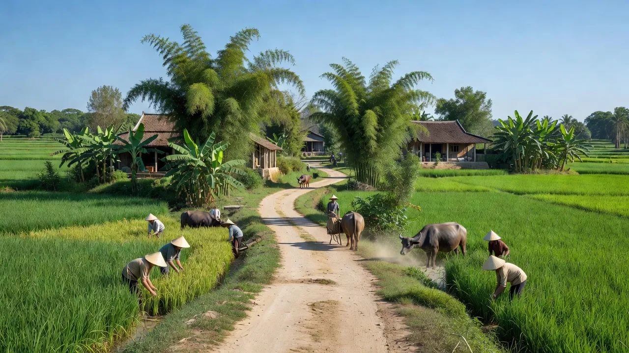 Cảnh đẹp Xã Thượng Mỗ, Huyện Đan Phượng, Hà Nội với cây cối xanh và con đường làng.