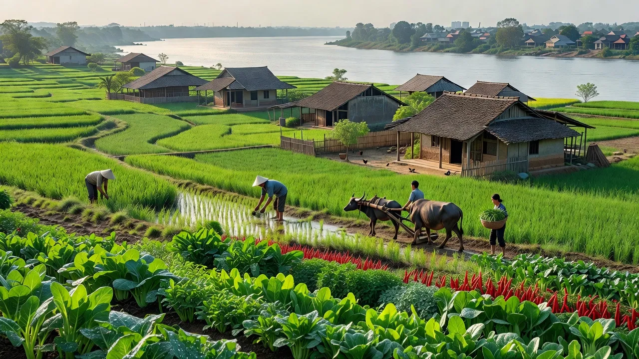 Khung cảnh bình yên xã Trung Châu, huyện Đan Phượng, Hà Nội với cánh đồng xanh tươi và sông Hồng.
