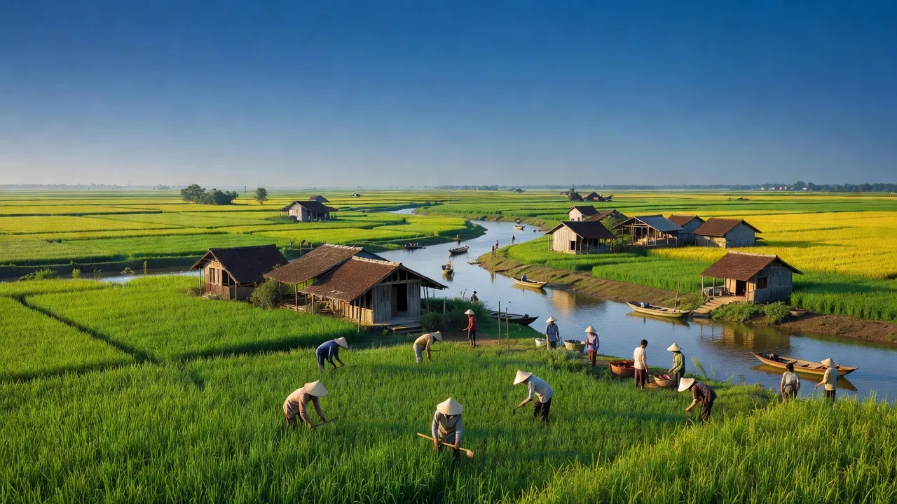 Phong cảnh xã Trung Châu, huyện Đan Phượng, Hà Nội với đồng xanh và sông Hồng, cuộc sống nông thôn.