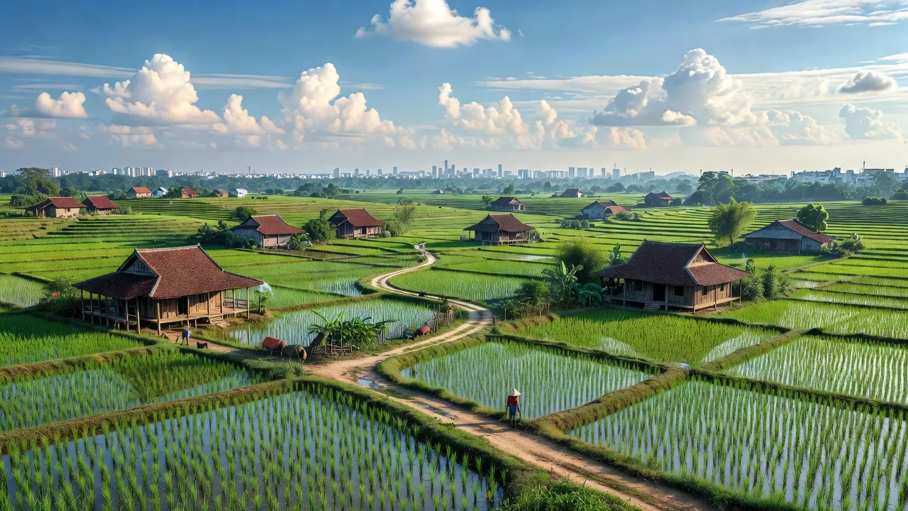Khung cảnh đẹp của huyện Đông Anh, Hà Nội với cánh đồng lúa và nhà cổ truyền thống.