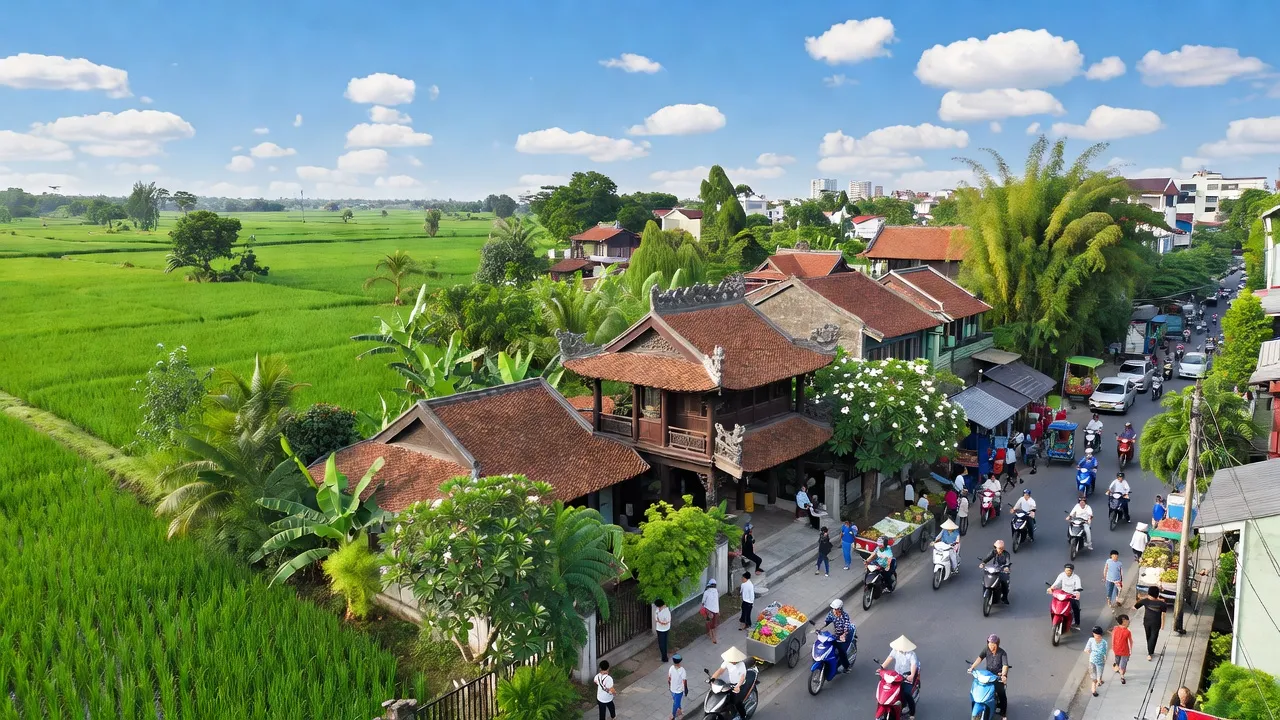 Quang cảnh huyện Đông Anh, Hà Nội với kiến trúc truyền thống và đường phố nhộn nhịp, trời trong xanh.