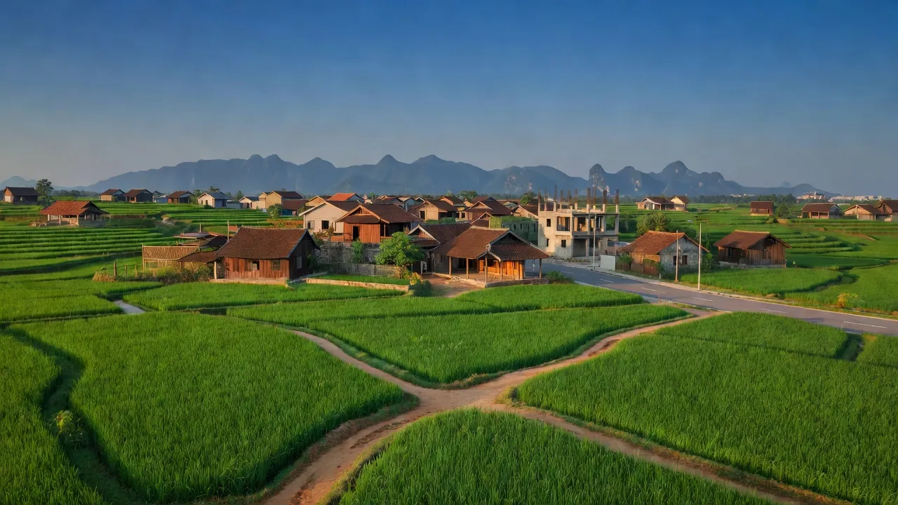 Xã Bắc Hồng ở huyện Đông Anh với cánh đồng xanh, nhà truyền thống và núi xa gần Hà Nội.