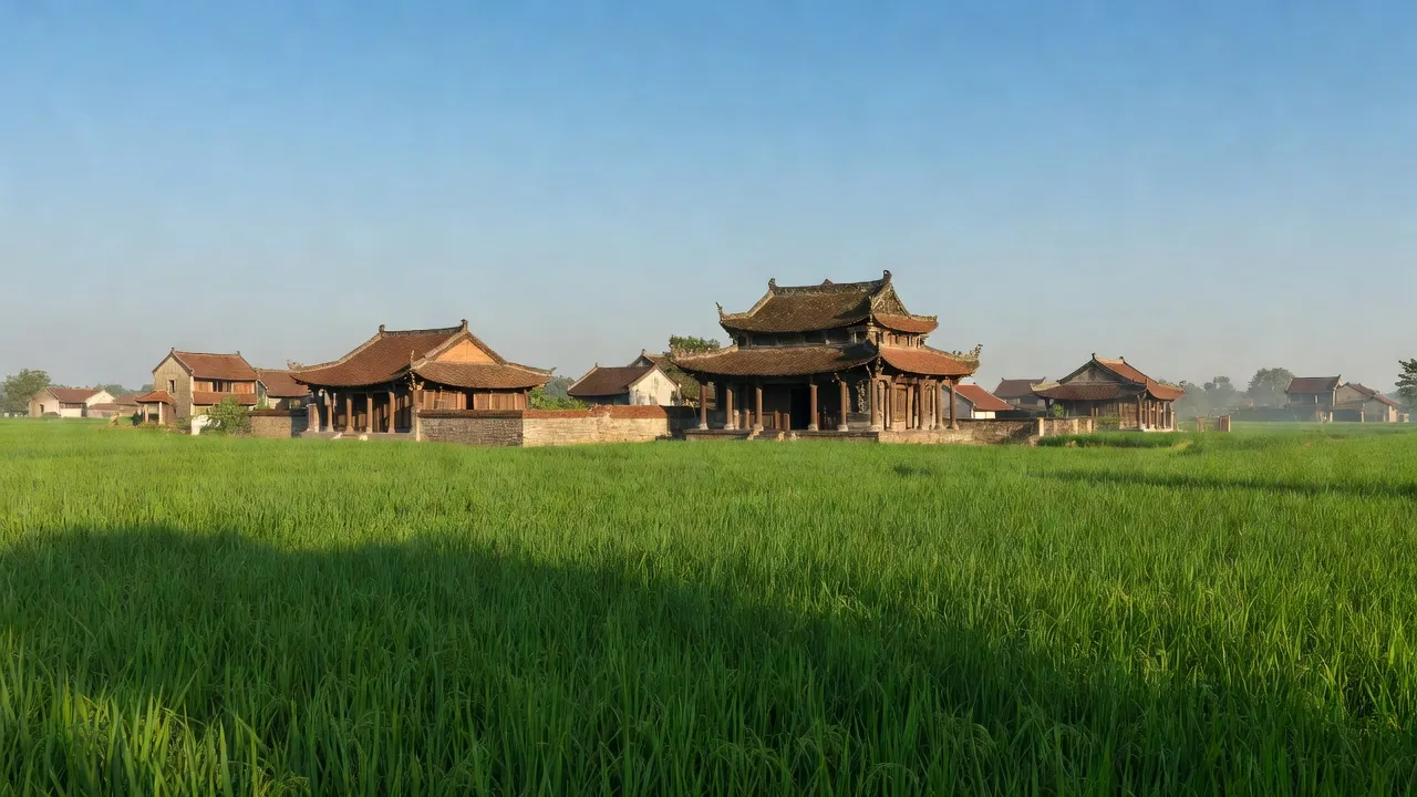 Cảnh đẹp Cổ Loa, Đông Anh với cánh đồng xanh và đền thờ cổ kính, biểu tượng văn hóa Việt Nam.