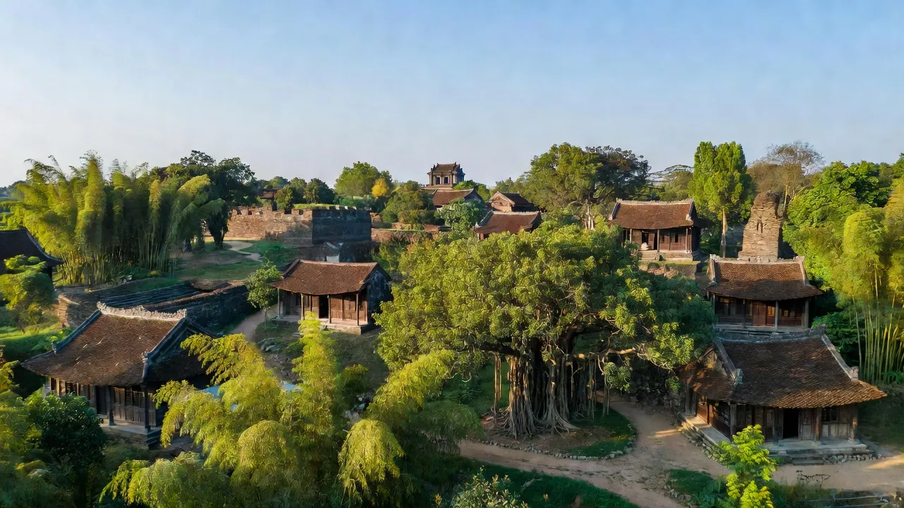 Cổ Loa, Đông Anh, Hà Nội with ancient architecture, lush greenery and historical landmarks under clear sky.