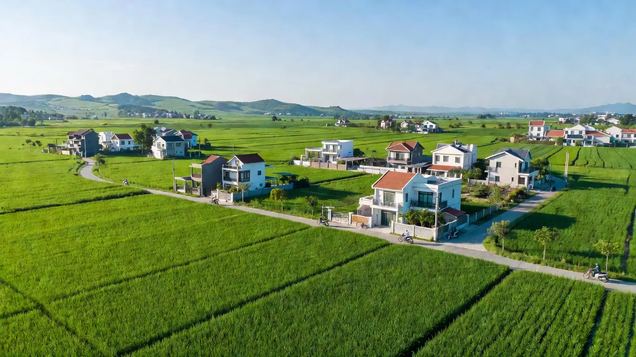 Cảnh xã Đại Mạch, huyện Đông Anh, Hà Nội, với ruộng xanh và nhà hiện đại, thể hiện đời sống nông thôn.