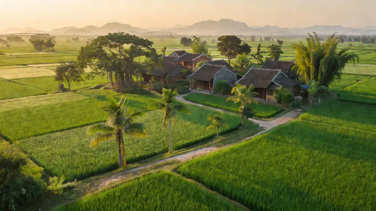 Cảnh đẹp xã Đông Hội, huyện Đông Anh, Hà Nội với cánh đồng và nhà truyền thống, môi trường sống yên bình.